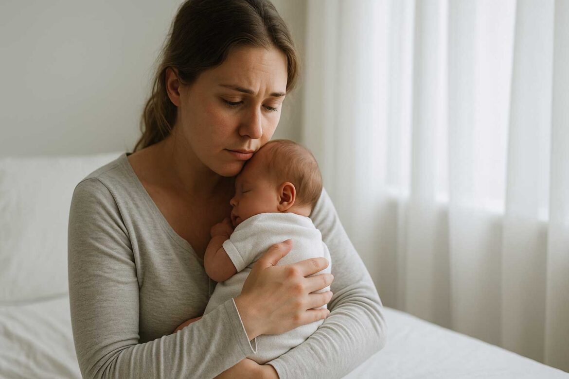 Mama przytula śpiące niemowlę w domu