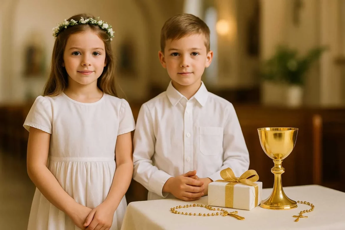 Dzieci na pierwszej komunii w białych strojach.
